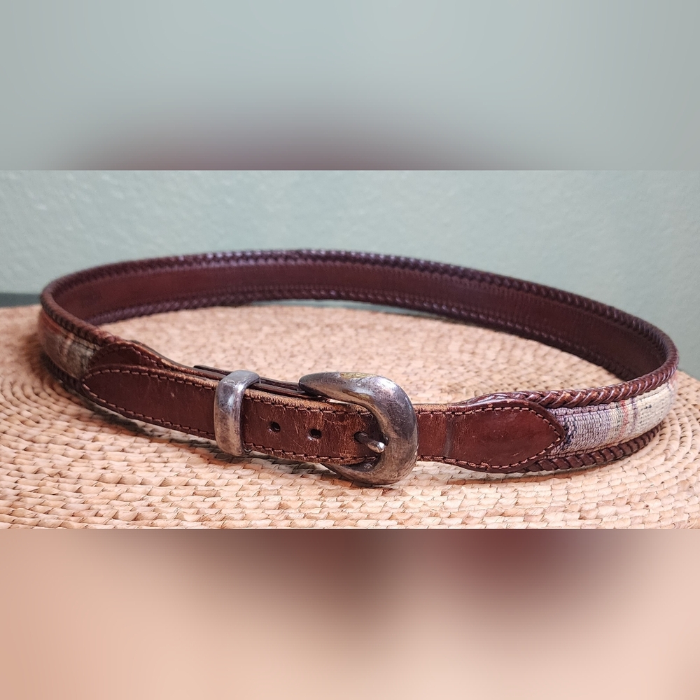 Vintage Brown Genuine Leather and Plaid Cotton Linen Tapestry Belt size 36
